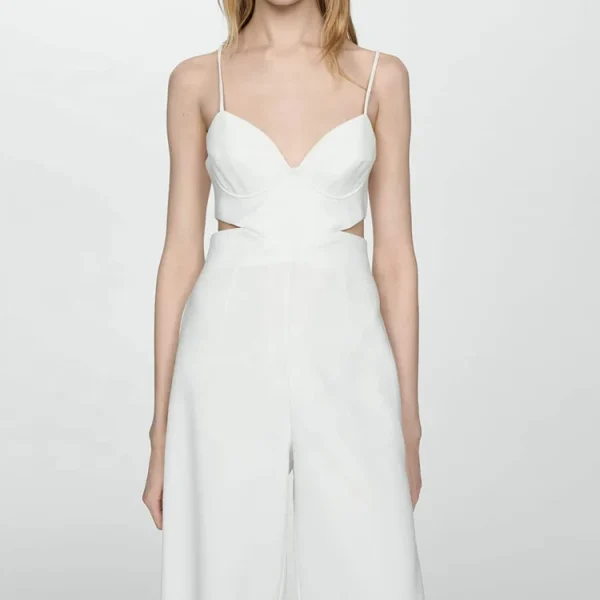 Fashion Women Summer New Linen Cotton Jumpsuit V Neck Cutout Spaghetti-strap Sleeveless Plain Color Bodysuit - Image 3