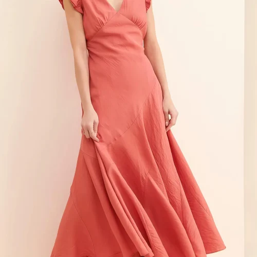 Clothing Summer Casual Solid Red Flying Sleeve Deep V Neck Sexy Women Cotton Linen Dress