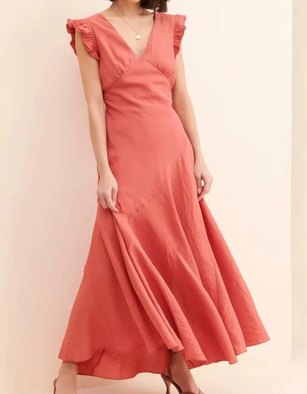 Clothing Summer Casual Solid Red Flying Sleeve Deep V Neck Sexy Women Cotton Linen Dress