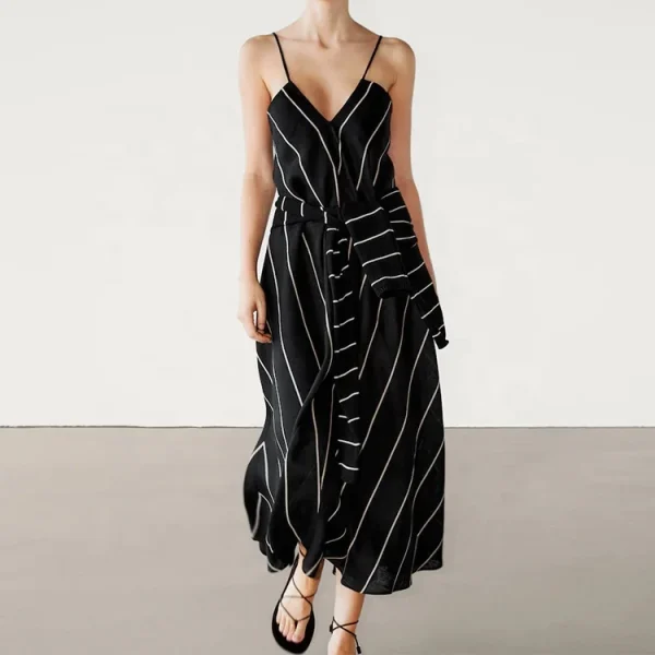 Eco Friendly Casual Loose Stripe Dresses Women Lady Elegant 100% Cotton Linen Sleeveless V Neck Sling Long One Piece Dress - Image 2