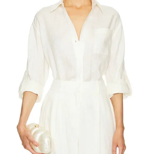 Women’s Long Sleeve Top in Linen With Button Elegant Casual Loose 100% Linen Shirt Dress for Women