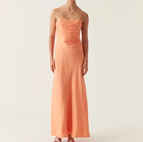 Draped Cotton Linen Women Long Dress Spaghetti Straps Slim Fit Maxi Dress - Image 2