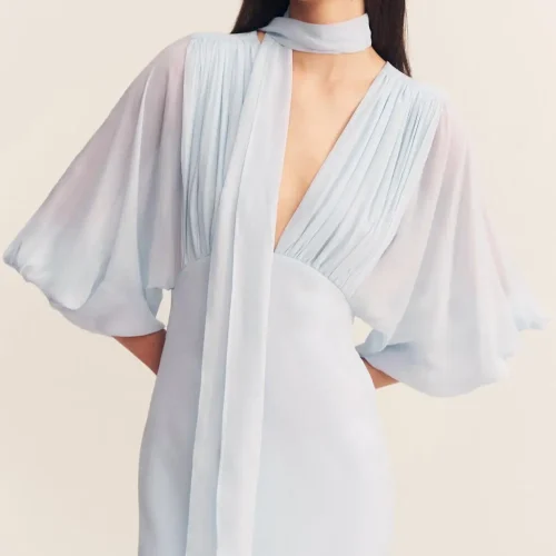 Elegant Light Blue Chiffon Maxi Dress with v-neck Suited  Fashion Parties Dress