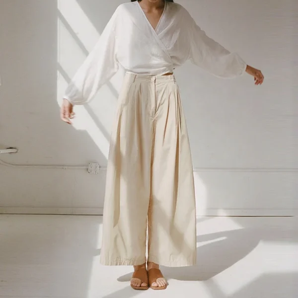 New Design Women Lightweight Cotton Linen Relaxed Zipper High Waist Loose Wide Leg Pants for Ladies Casual Pleated Trousers - Image 3