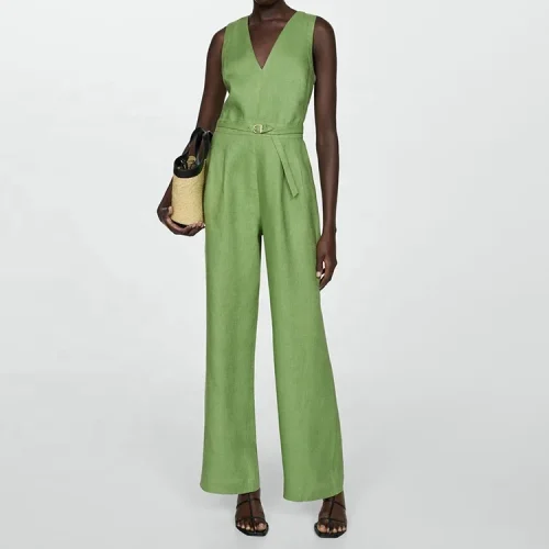 American Style V Neck Blank Jumpsuit Women Casual Long Pants One-piece Wide-leg Cotton Linen Jumpsuit
