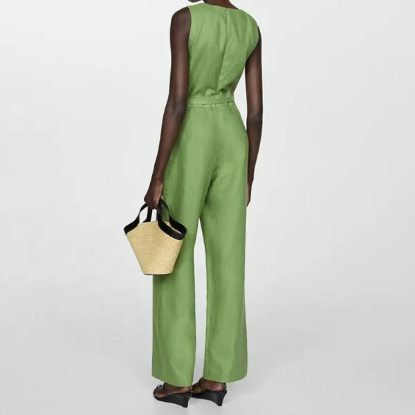 American Style V Neck Blank Jumpsuit Women Casual Long Pants One-piece Wide-leg Cotton Linen Jumpsuit - Image 2