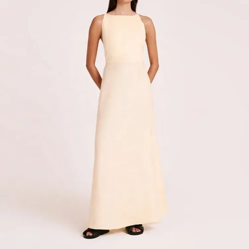 Elegant Summer 100% Cotton Linen Slim Floor-length Maxi Dresses High Quality Linen Dress for Women Office Formal Evening Dress