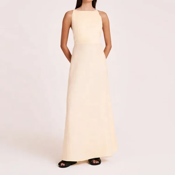 Elegant Summer 100% Cotton Linen Slim Floor-length Maxi Dresses High Quality Linen Dress for Women Office Formal Evening Dress
