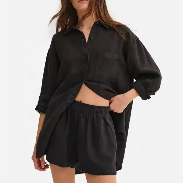 Women Autumn Long Sleeve Shirt Black Boyfriend Fit Boxy Tops Organic Linen Oversized Button Down 100% Organic Linen Shirt - Image 3
