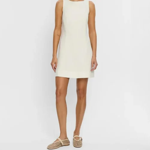Elegant Sleeveless Lady Solid White O Neck Long Slim Back Invisible Zipper Midi Linen Dress High Quality Summer Linen Dress