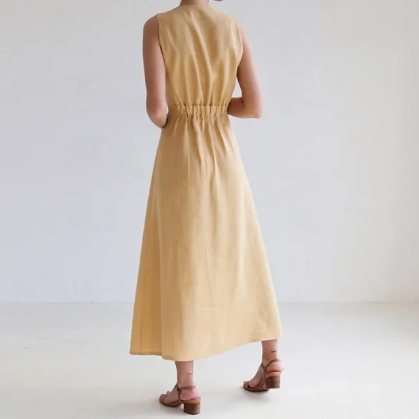 Eco Friendly Sleeveless Button Maxi Ladies Cotton Linen Blend Dress Summer Elegant Elastic Waist Women Dresses - Image 3
