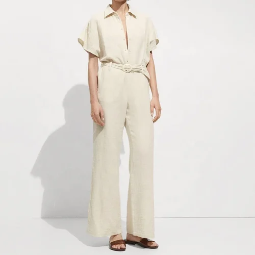 Best Selling Women One Piece Rompers Casual Elegant Solid Color Jumpsuit Cotton Linen Clothing Ladies Wide Leg Jumpsuits