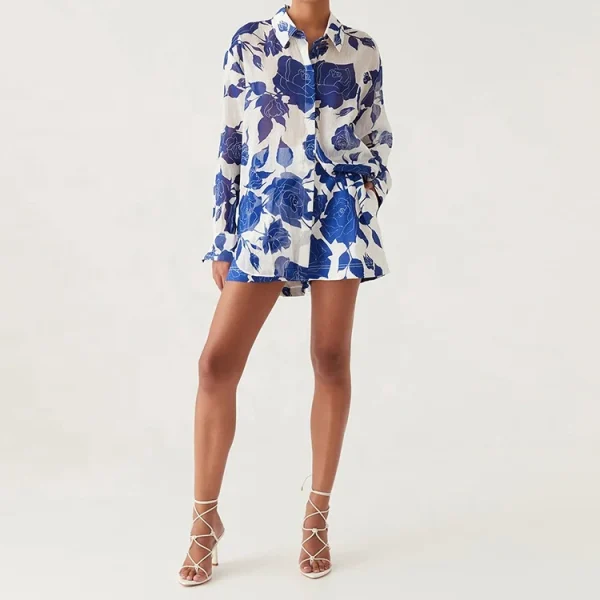 New Design Women Summer Floral Printed Linen Shirt Lounge Seaside Wear Turn-down Collar Blouse Top Sleepwear Pajama - Image 2