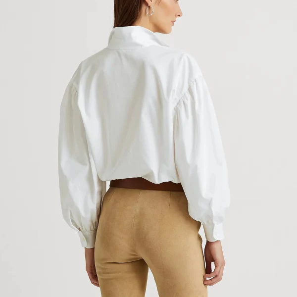 White Autumn Women Puff Long Sleeves Top Solid Color Turn Down Neck Women Causal Blouse Shirt - Image 5