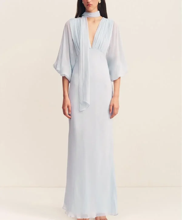Elegant Light Blue Chiffon Maxi Dress with v-neck Suited  Fashion Parties Dress - Image 2