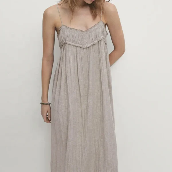 Clothing Solid Sling Sleeveless Loose Pleated Summer Casual Women Cotton Linen Maxi Dress Daily Pajama Dresses - Image 2