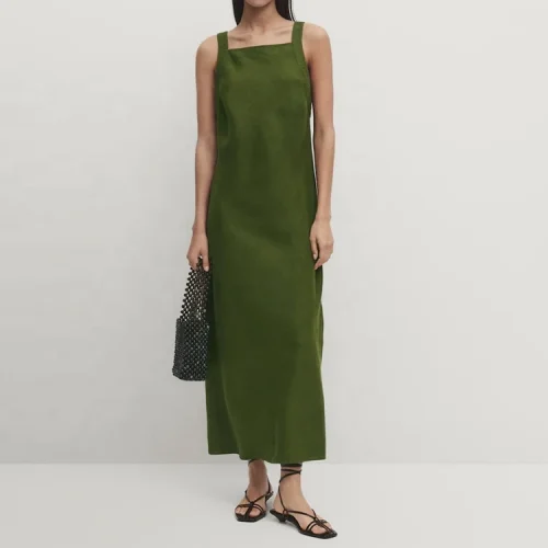 Clothing Solid Color square Neckline Sleeveless Loose Maxi Dress Summer Casual Women’s Cotton Linen Dresses