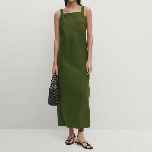 Clothing Solid Color square Neckline Sleeveless Loose Maxi Dress Summer Casual Women's Cotton Linen Dresses