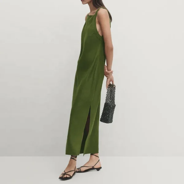Clothing Solid Color square Neckline Sleeveless Loose Maxi Dress Summer Casual Women's Cotton Linen Dresses - Image 2